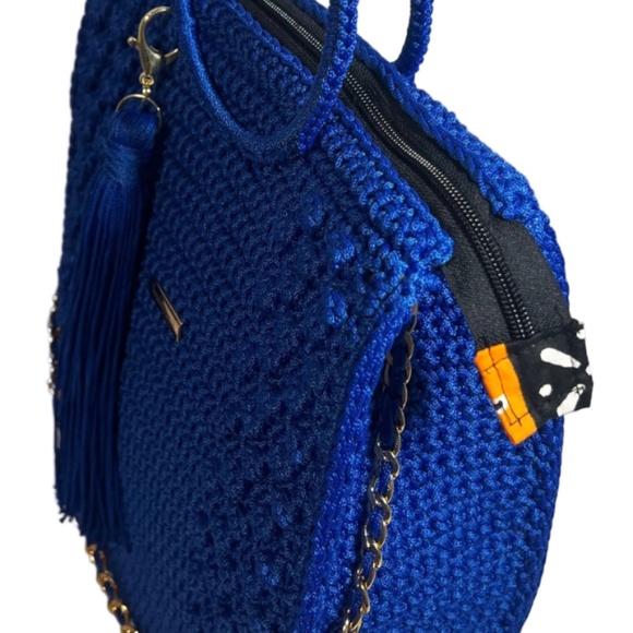 Handmade Blue African Print Crochet Trapezoid Handbag - Picture 5 of 5